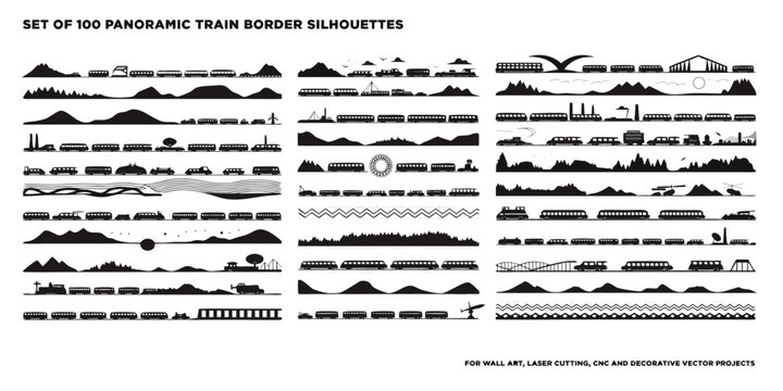 Set of 100 panoramic train border silhouettes, black and white train silhouettes panoramic borders railway