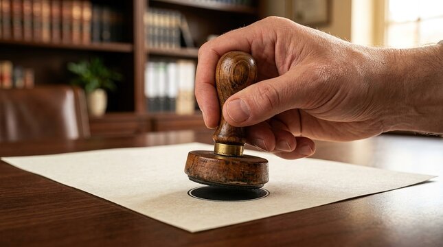 Notary public stamping document, legal professional completing official paperwork in a traditional office or law library setting with warm lighting.