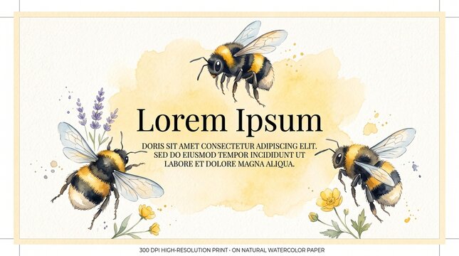 Charming watercolor illustration of fluffy bumblebees flying around soft flowers and a warm yellow wash with placeholder text on textured paper.