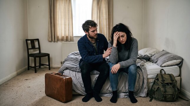 Concerned man comforting his upset girlfriend sitting together in a sparse bedroom with luggage girlfriend boyfriend