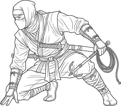 Black and white vector illustration of a stealthy ninja warrior crouching with a weapon and grappling hook.