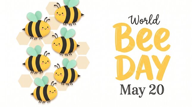 Cute cartoon bees buzz around a honeycomb pattern with hand-lettered typography celebrating World Bee Day on May 20.