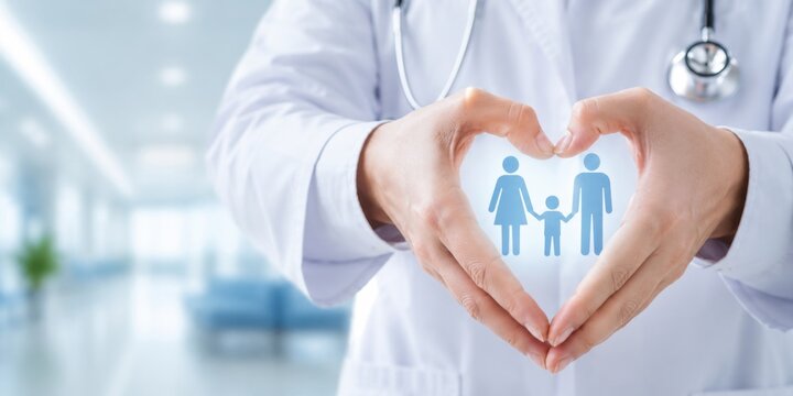 Doctor forming a heart shape with hands around a family icon, symbolizing family healthcare, medical insurance, patient care, health protection, preventive medicine, and healthcare services. Copy spac