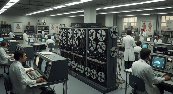 Scientists work at computer terminals in a vintage laboratory filled with old magnetic tape drives.