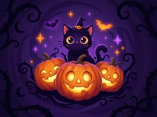 Fototapeta premium Cute black cat wearing a witch hat sitting with glowing jack o lantern pumpkins in a magical forest at night during the halloween holiday season