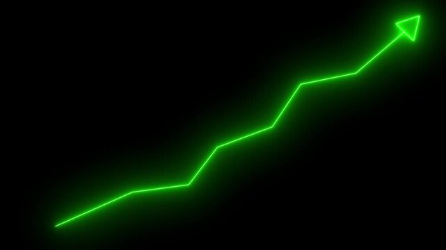 Global neon business graph animation on dark background. Glowing growth and decline arrow line chart.