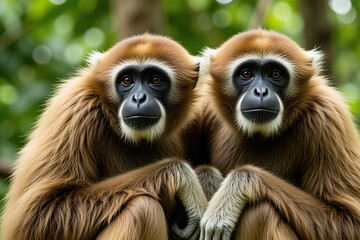 Two gibbon primates sit close together in soft green forest. They have brown fur dark faces white markings around eyes. Animal faces are looking forward. Nature wildlife scene. © Pete