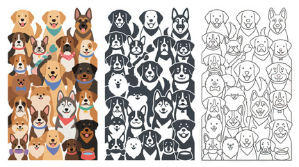Diverse Dog Breeds Collection: Flat Color, Silhouette, and Line Art Styles © donita