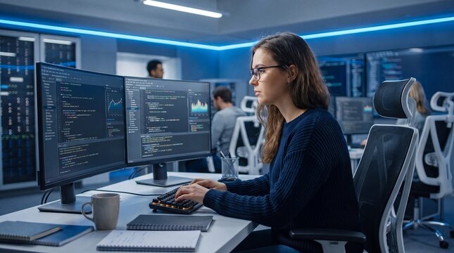 Female software engineer coding on dual monitors in high-tech server room, professional programmer working in modern data center, cybersecurity expert at workstation