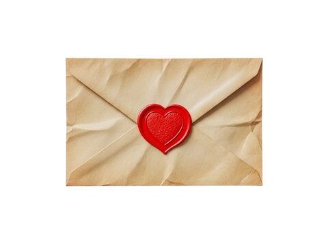 Elegant vintage envelope with red heart sticker isolated on transparent background