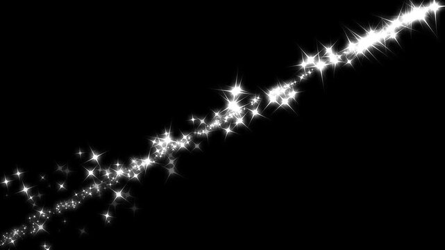 Beautiful white starry particles animation elements, magical glowing light leak transition loop, elegant shiny star glitter motion graphics design asset over dark black background. 4k video