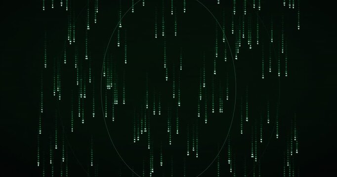 Devanagari characters cascade down in a slow, phosphor green matrix rain animation with a center-depth tunnel effect.