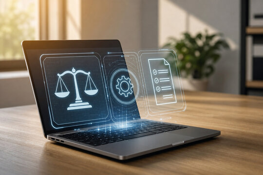 Laptop with Holographic Legal Scales, Settings Gear, and Document Icons