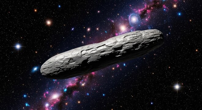 A long cigar-shaped interstellar object drifts through the vast dark void of deep space, surrounded by distant stars and cosmic nebulae, trajectory, celestial, shadow
