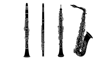 Black and white illustration of four musical instruments with instruments including clarinet clarinet flute oboe saxophone orchestra woodwind © Smriti