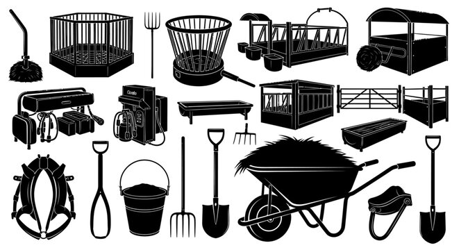 Collection of farm equipment with equipment tools agriculture wheelbarrow pitchfork tractor trolley shovel bucket saddle fence broom with scoop
