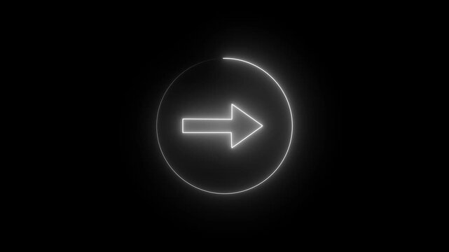 Abstract glowing right directional arrow icon with neon light effect. Neon arrow animation showing left to right movement. White neon arrow and circular glow on a black background.