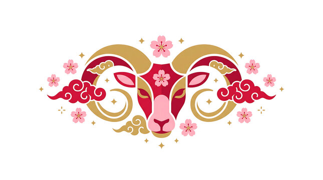 Goat head mascot with cherry blossoms and swirling clouds graphic element.