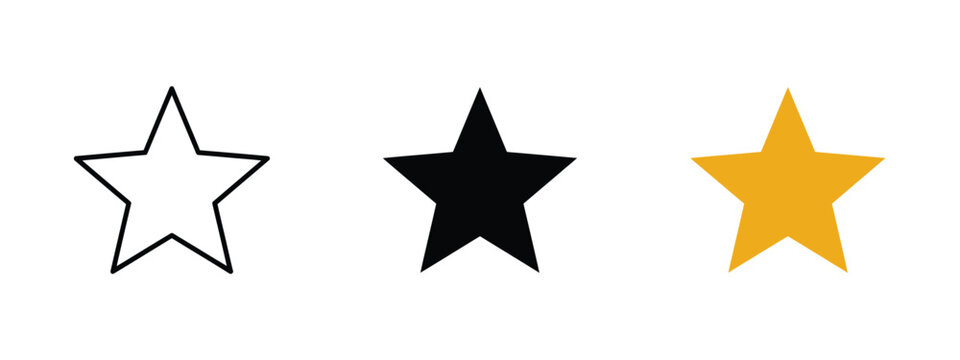Three five pointed star shapes in black gold and outline against a white background stars stellar five pointed pentagram