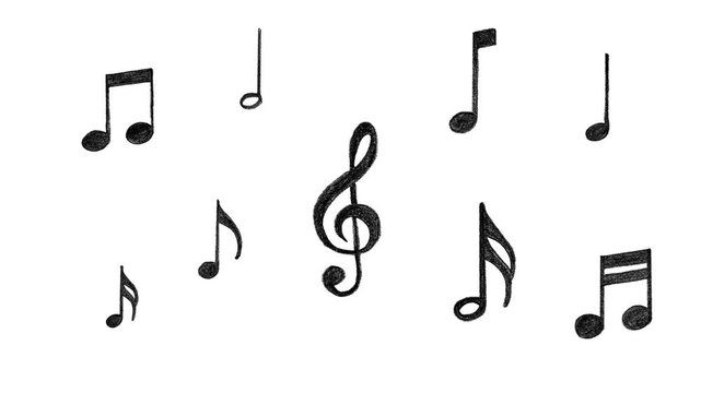 Black, hand, drawn, music, notes, and, treble, clef, animation, Alpha channel, artistic, doodle, musical, theory, symbols, motion, graphic, classical, education, high, quality.
