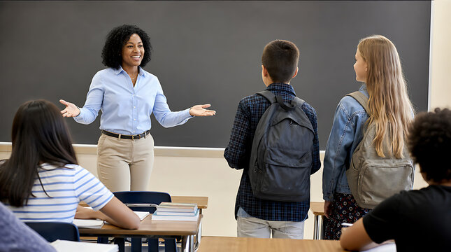Teacher stands before her diverse elementary school class to explain a complex lesson while standing in front of a large chalkboard that provides ample copy space for educational messaging and text.
