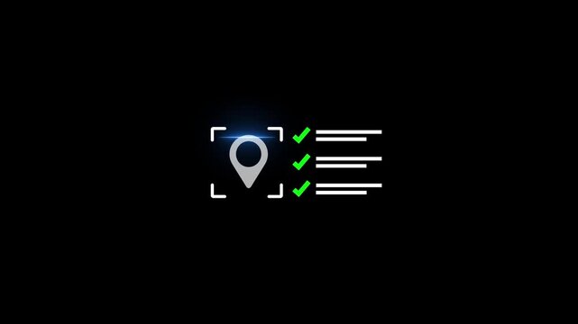 Digital location pin animation with checklist success markers on black background, navigation