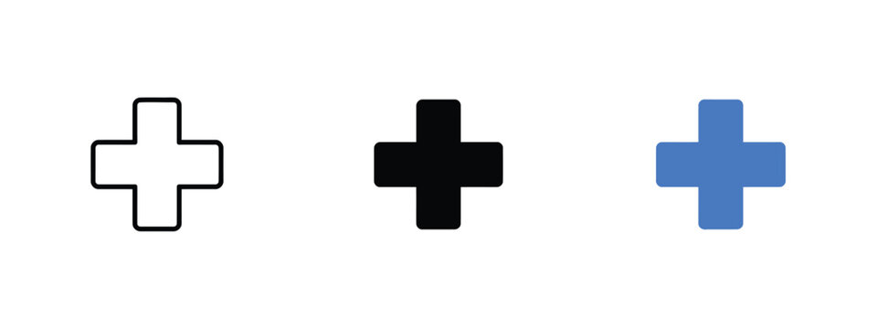 Plus sign icons in black white and blue variations against a white background symbol cross addition medical healthcare