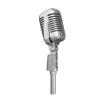 Silver vintage style studio microphone on a stand isolated on a white background, classic audio recording equipment for vocal performance isolated on a transparent background