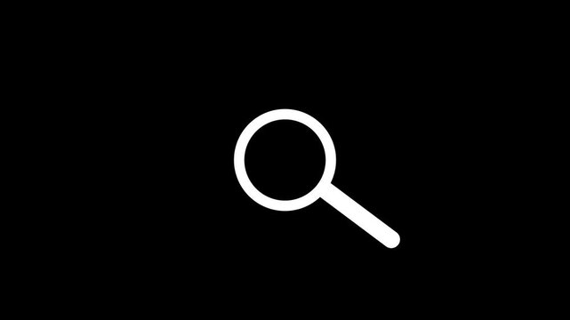 Minimal white magnifying glass icon animation on a black background.