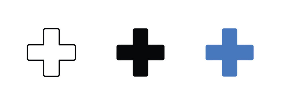 Plus sign icon set in outline filled black and blue variations on a white background cross addition symbol
