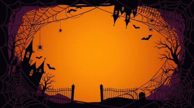 Spooky halloween frame with haunted castle bats spider webs and a full moon background for festive holiday party invitations and greeting cards