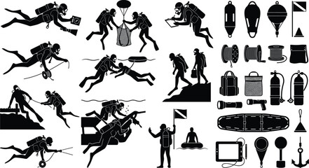 Scuba Diver Silhouette Set for Underwater Exploration, Technical Diving, Water Rescue, and Equipment Concepts © Al Mamun