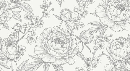 Fototapeta premium Vintage floral seamless pattern with hand drawn peonies, elegant botanical line art background, grey garden flower sketch vector for wedding stationery
