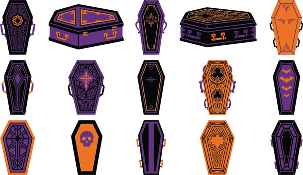 Set of decorative coffins and caskets for a spooky happy halloween day celebration with gothic and horror design elements