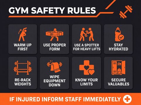 Gym safety rules poster with orange icons with text black background icons white re rack illustration immediately minimalist