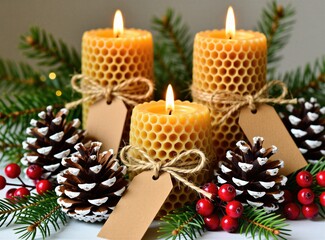 Obraz premium Burning honeycomb beeswax candles with pinecones fir branches, red berries create warm festive holiday atmosphere. Natural rustic decor for winter cozy home gatherings table setting decoration gift.