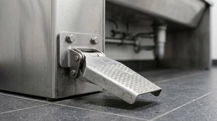 Naklejka premium Foot pedal close-up mounted beneath the operating room scrub sink, sterile operating room equipment, medical stock photo, hospital surgery background, no people