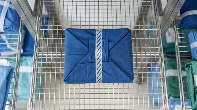 Instrument tray wrapped in sterile blue cloth standing on a supply shelf, sterile operating room equipment, medical stock photo, hospital surgery background, no people