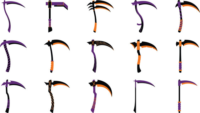Collection of various grim reaper scythe weapons for a spooky happy halloween day horror themed design project
