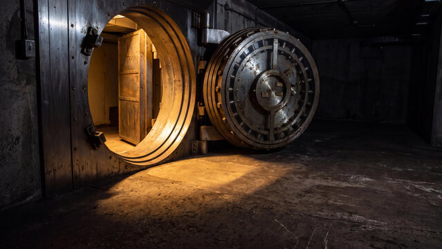 Bank vault door made of heavy steel stands open in a dark underground room to reveal a secure storage space.
