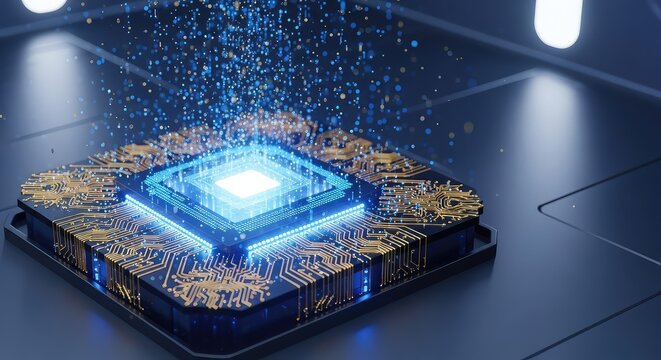 Glowing blue quantum processor with intricate gold circuits and floating particles representing data breakthrough in modern technology lab, abstract, metallic, development