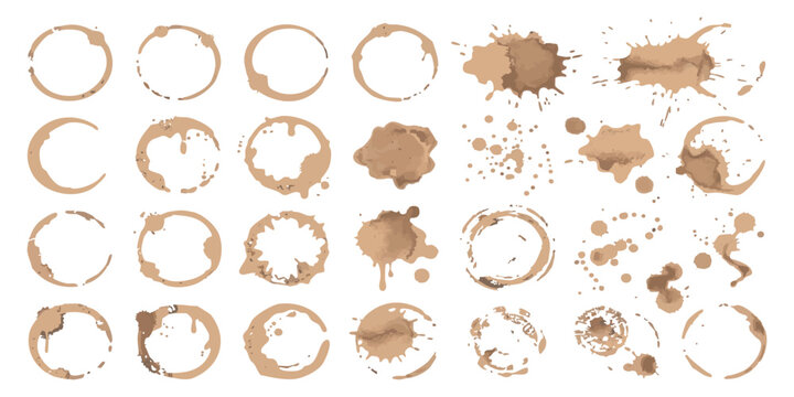 Set of brown coffee cup stain rings and messy liquid splatter marks for beverage design elements on paper