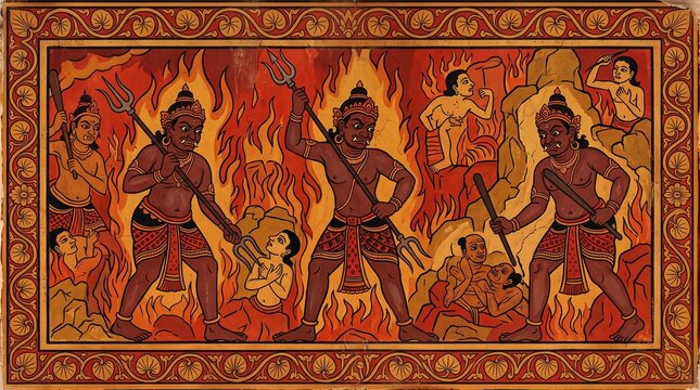 A traditional Sri Lankan temple fresco style digital artwork depicting demon guardians (Yamapallan) in the Buddhist hell realm (Awichi Narakaya). Illustrated in classic Kandyan period mural style with