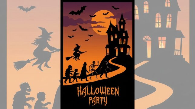 Halloween party poster with spooky haunted house witch on broomstick skeleton and monsters walking on a path under a full moon at night