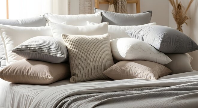 Cozy bedroom setup featuring a pile of soft pillows and comfortable throw blankets on a modern bed in bright interior light