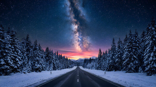 Empty road through a snowy pine forest under the milky way galaxy at night