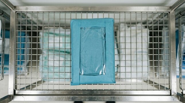 Surgical gown sterile package standing unopened on a supply shelf, sterile operating room equipment, medical stock photo, hospital surgery background, no people
