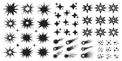 Set of black star and sparkle icons with sun bursts and shooting comet shapes for graphic design projects © GraphixEra