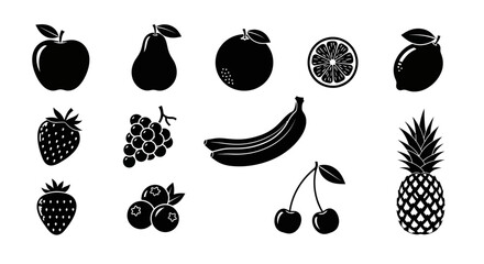 Black and white fruit icons on a clean background with collection black strawberry pineapple cherries orange grapes banana lemon mango with plums © Dipan