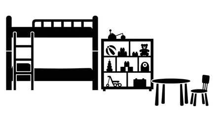 Black silhouette of a child's bedroom with bunk bed with bed bookshelf table background furniture interior design ladder decor white chair with toys © Dipan